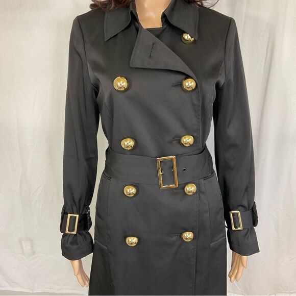 INC Double Breasted Belted Long Lightweight Trench Coat Black Gold Buttons S - Picture 3 of 15